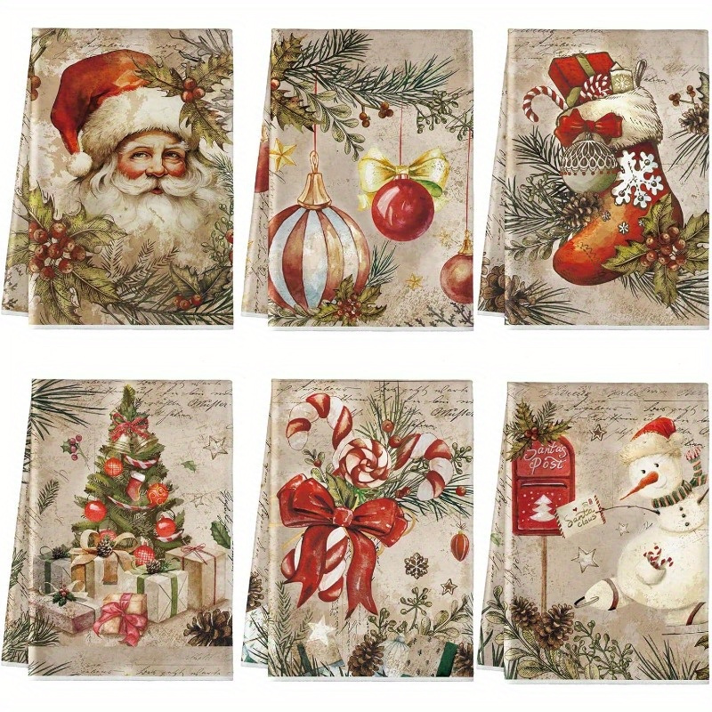 

6-pack Rustic Christmas Kitchen Towels, 18x26 Inches, Polyester Dish Towels With Santa, Snowman, , Soft, Machine Washable, Rectangular, , Woven For Holiday Cooking And Housewarming Gifts