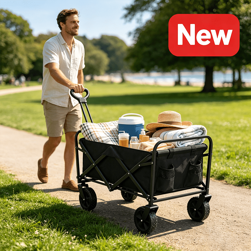 Image of Heavy Duty Foldable Outdoor Wagon Cart 150kg Weight Capacity Detachable Washable Fabric Pockets Portable Wheeled Trolley For Camping Picnic Family