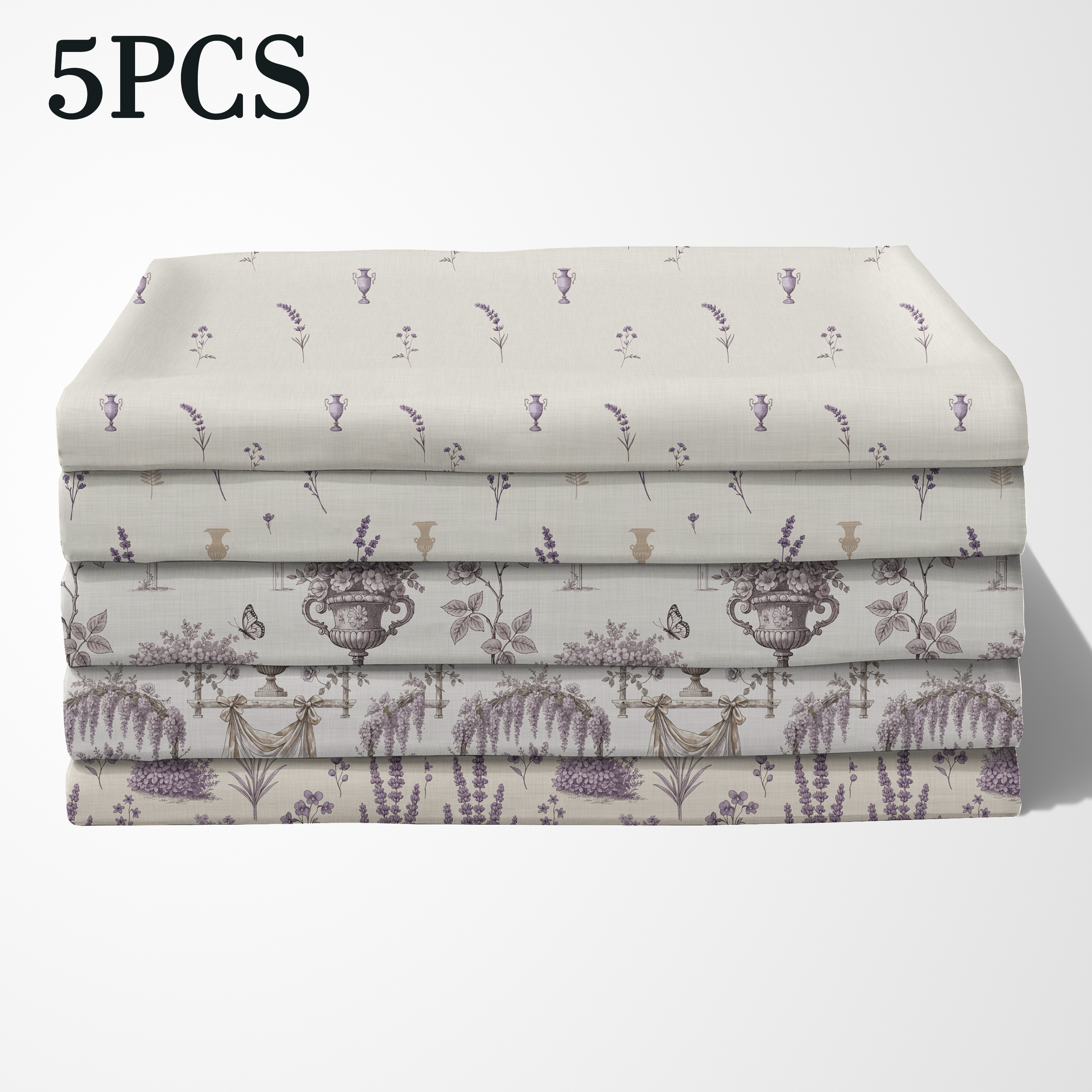 TEMU Fat Quarter Set Of 5pcs, Featuring 5 Different Designs: Sketch Lavender, Wisteria Vine, Vintage Flower Urn, Garden Arch, And Gauze Trellis. Is