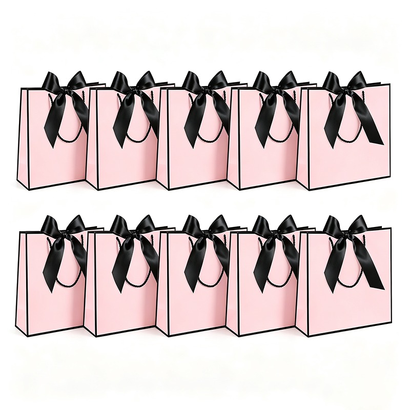 TEMU 10 Stück Geschenktüten mit schwarzem Schleifenband, rosa Papier-Einkaufstasche mit schwarzem Rand, wiederverwendbare Geschenk-Tragetasche für