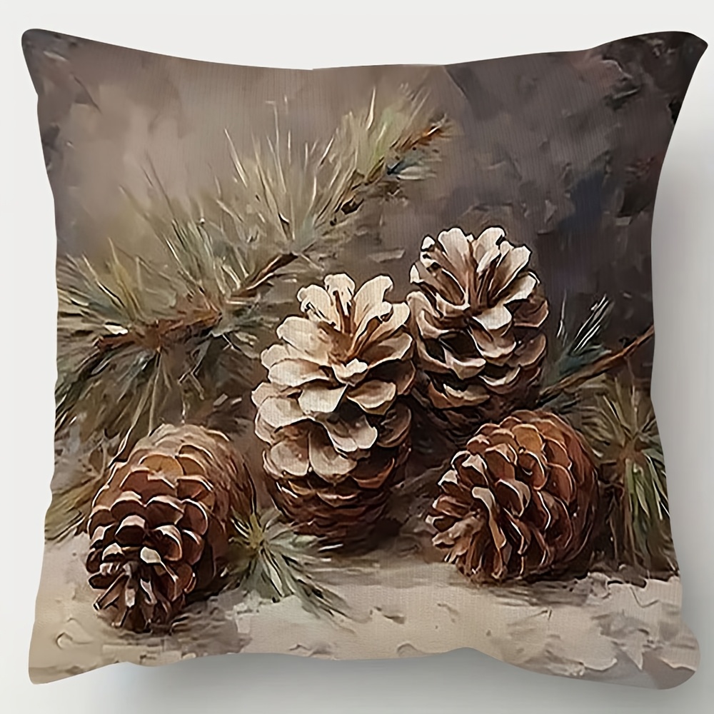 TEMU 1pc, 2d Flat Printing Pillowcase, Double-sided Printed And Tree Branch Pattern, Beige/brown/gray/gray-blue Tones - Soft Short Plush Cushion