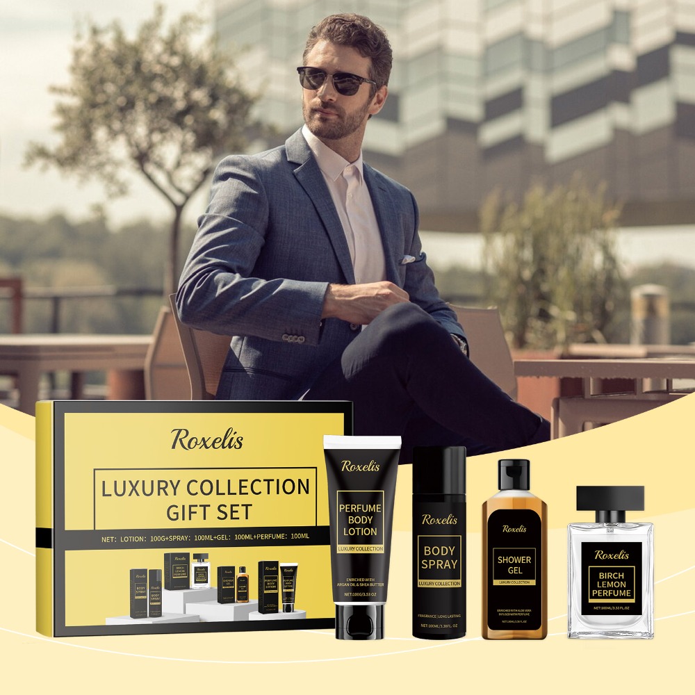Coffret Cadeau de Luxe Parfum & Soin pour Homme Roxelis - Cologne Longue Durée, Gel Douche & Lotion pour Peaux Sensibles et Claires, Routine de Nettoyage Hydratante, Emballage Élégant Doré, Tous Types de Peau Claire, Cadeau Idéal pour Homme