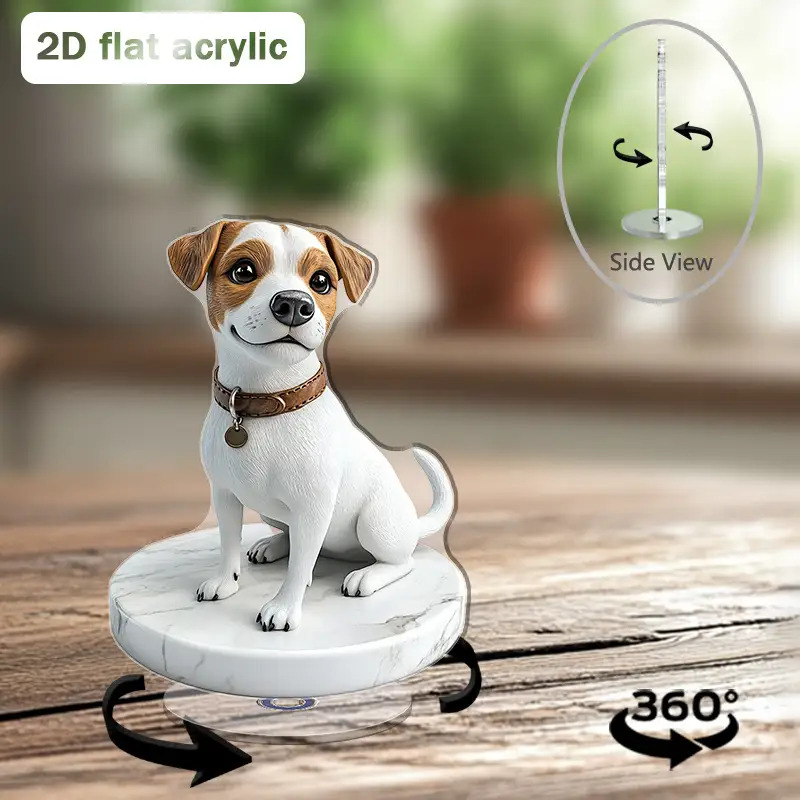 TEMU 2d Flat, 1pc Rotatable Acrylic Desktop Ornament - 360° Rotating Terrier Sculpture With Base, Indoor/outdoor Home Office Decor, No Electricity