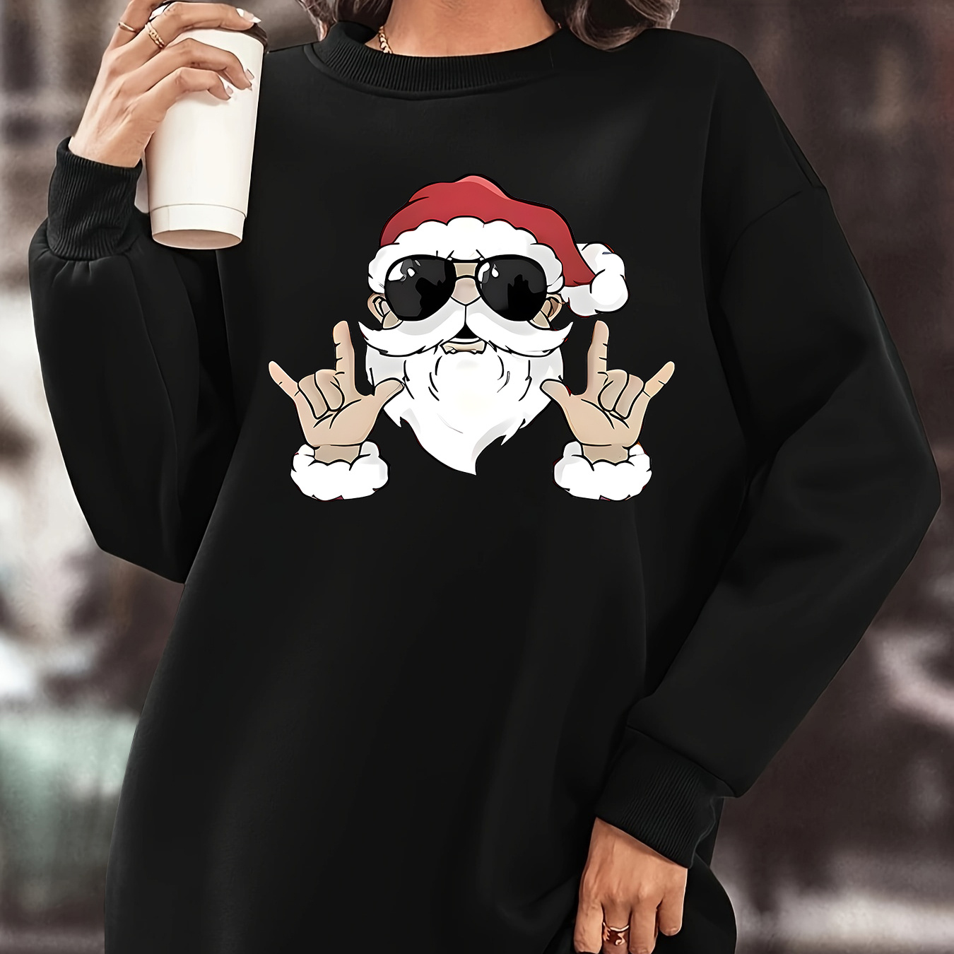 

1pc Christmas Santa Print Fleece Dress For Women, Long Sleeve Crew Neck Polyester Knit Sweatshirt, Loose Fit Knee-length Fall/ Top