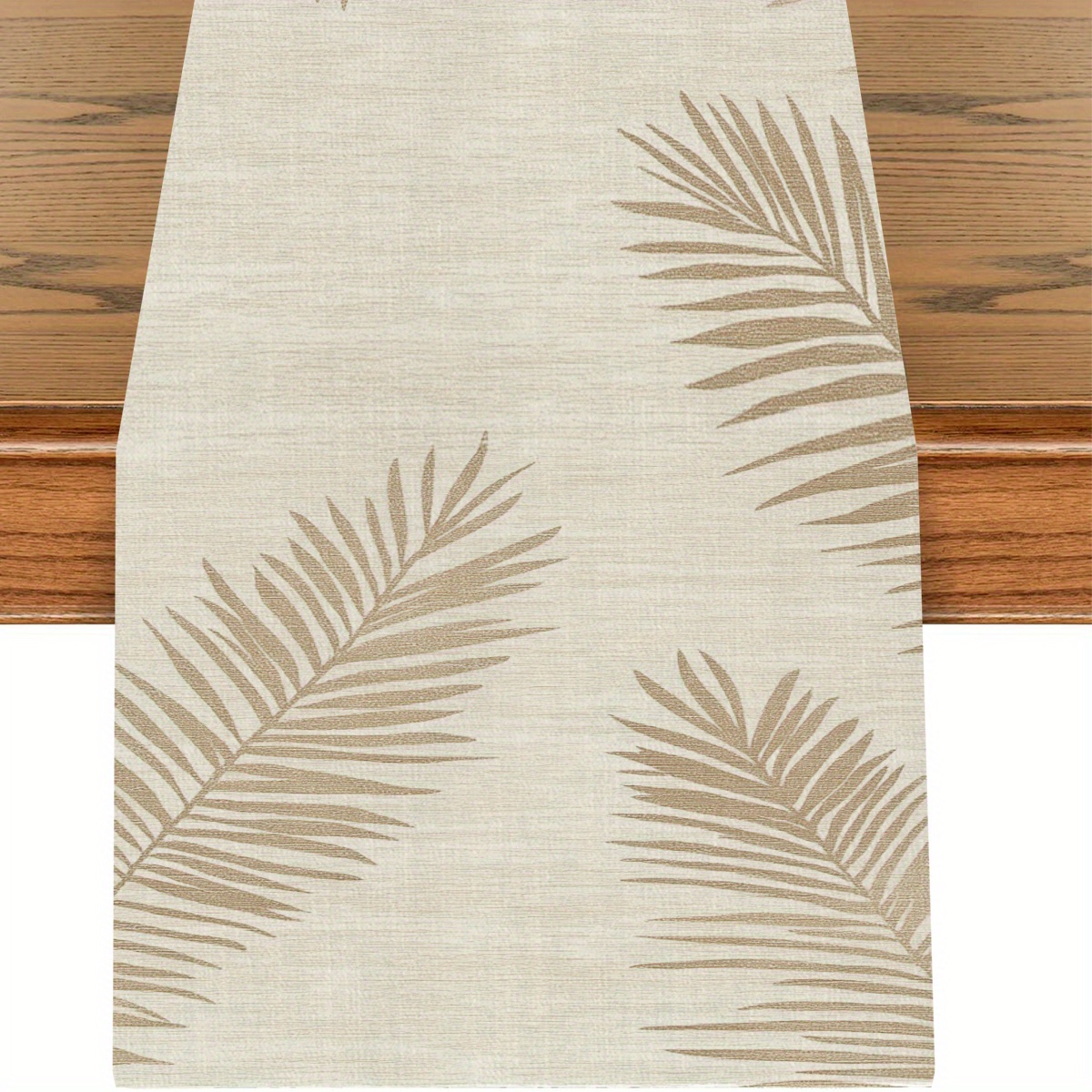 TEMU 1pc, 2d Flat Printing, Palm Leaf Pattern Table Runner, Easy Modern Home Decor, Beige And Brown Combination, Enhancing Warm Atmosphere. Suitable