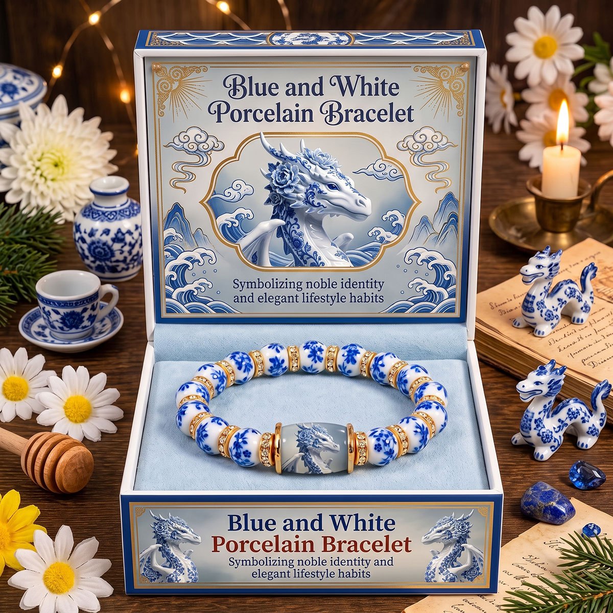 TEMU Blue And White Porcelain Flower Dragon 8mm Beaded Bracelet For Men Women, Vintage Chinese Style Ceramic Bead Stretch Bracelet, Elegant Handmade