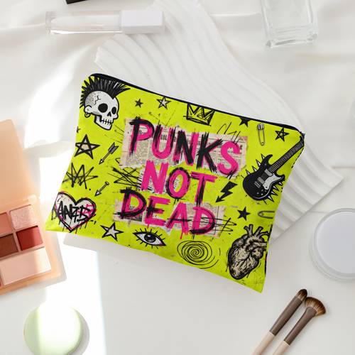 lined storage bag punk style skull guitar pattern makeup pouch travel toiletry bag with lining multi functional organizer categorized storage gift double sided print design ideal for cosmetics toiletries