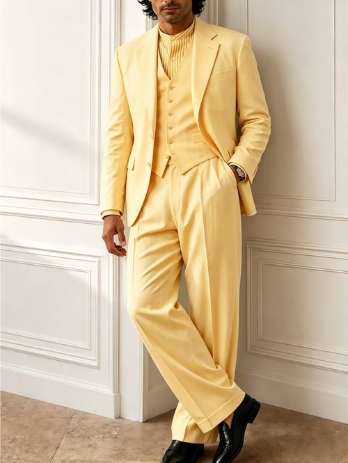 mens 2pcs solid color pointed collar suit two button loose wide leg formal trousers wedding groom banquet business gentleman formal suit