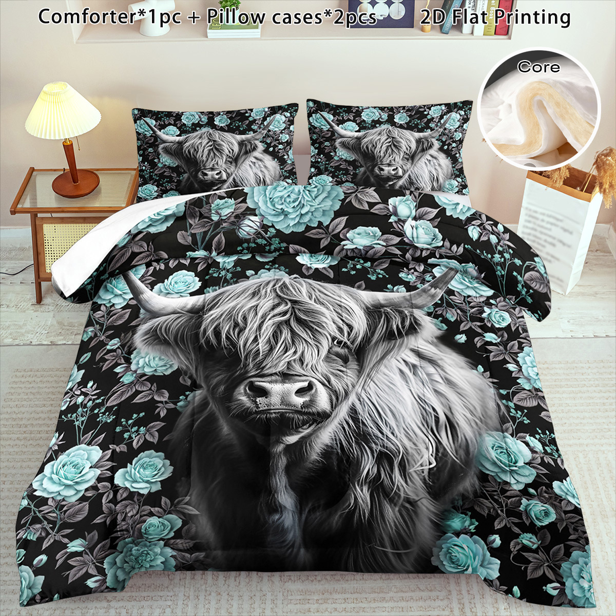 3 teiliges bettdecken set winter – hochlandkuh blumenmuster