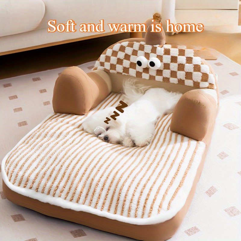 cozy     sofa bed for small to medium dogs and cats soft warm   plush nest with checkered pattern and adorable eyes design beige brown polyester fabric pet sleeping sofa   design plush fabric bed Product details 1