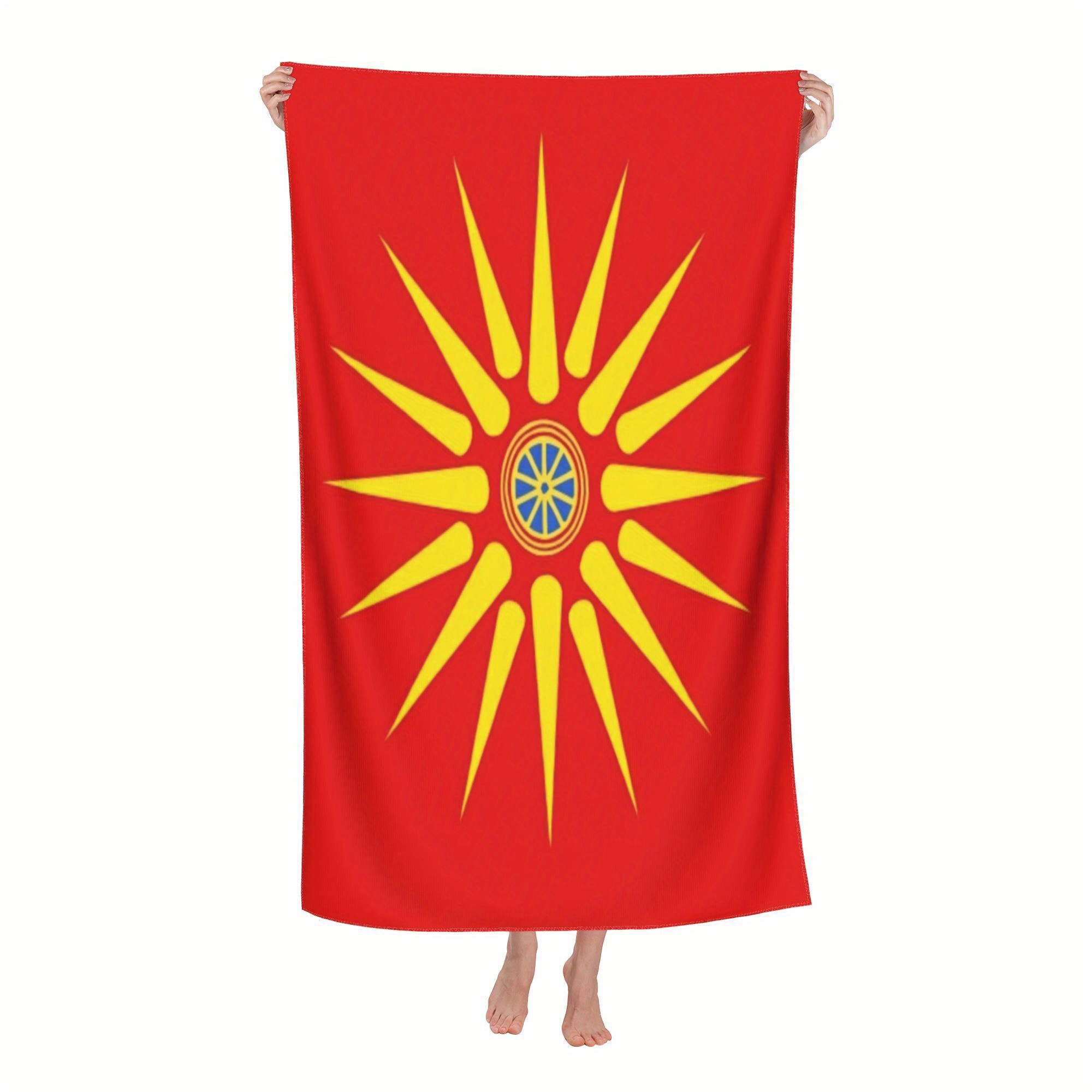 брзо-сушечка микрофибер плажна пешкир - дизајн на sun ancient macedonia, 250gsm, лесна и брзо-сушечка, совршена за плажа и базен, плажа детали 1