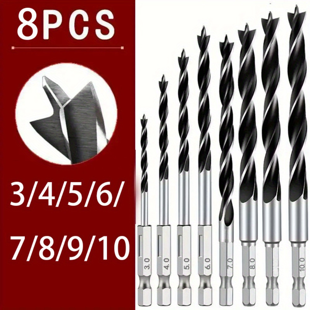 8pcs-3/4/5/6/7/8/9/10mm 1/4 Hexagonal Handle Three-point Woodworking Drill Bit Positioning Drilling Tool. Suitable For Wood, Plastic, Cardboard And Bamboo.