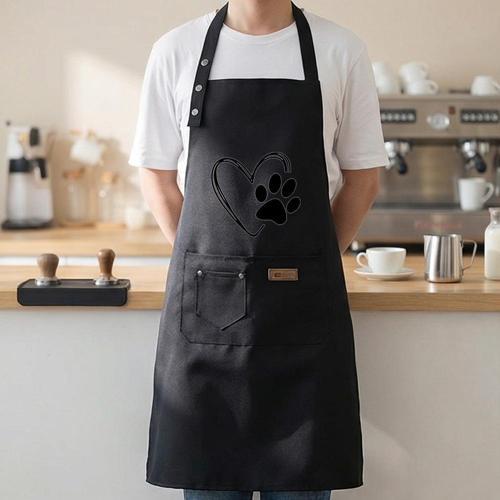 TEMU Heart & Paw Print Work Apron, Minimalist Black & White Apron With Multi Pockets, 3-button Neck Hanging Apron For Kitchen Cooking, Baking, Pet