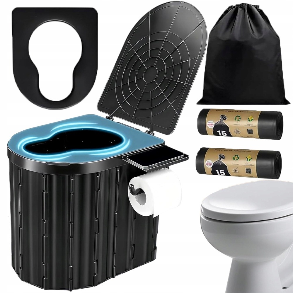 A Portable And Lightweight Toilet Designed For Outdoor Activities, Featuring A Holder For Your Phone And Toilet Paper, Ideal For Camping, Hiking, Fishing, Beach , And Travel