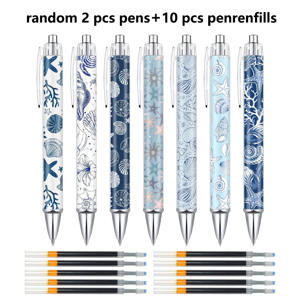TEMU 12pcs Seaside Seashell And Starfish Gel Pen Set, Includes 2 Random Pens   10 Refills, Plastic Material With Ocean Pattern, Smooth 0.5mm Writing,