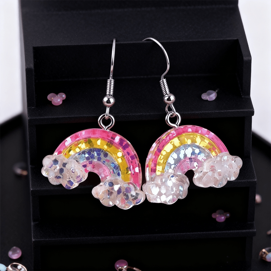 Image of 2pcs Women's Fashion Dangle Earrings, Unique Gift, Creative Glitter Rainbow Pendant Earrings, Acrylic Material, Suitable For Women' Wear Or As A Gift For A , Glitter Random