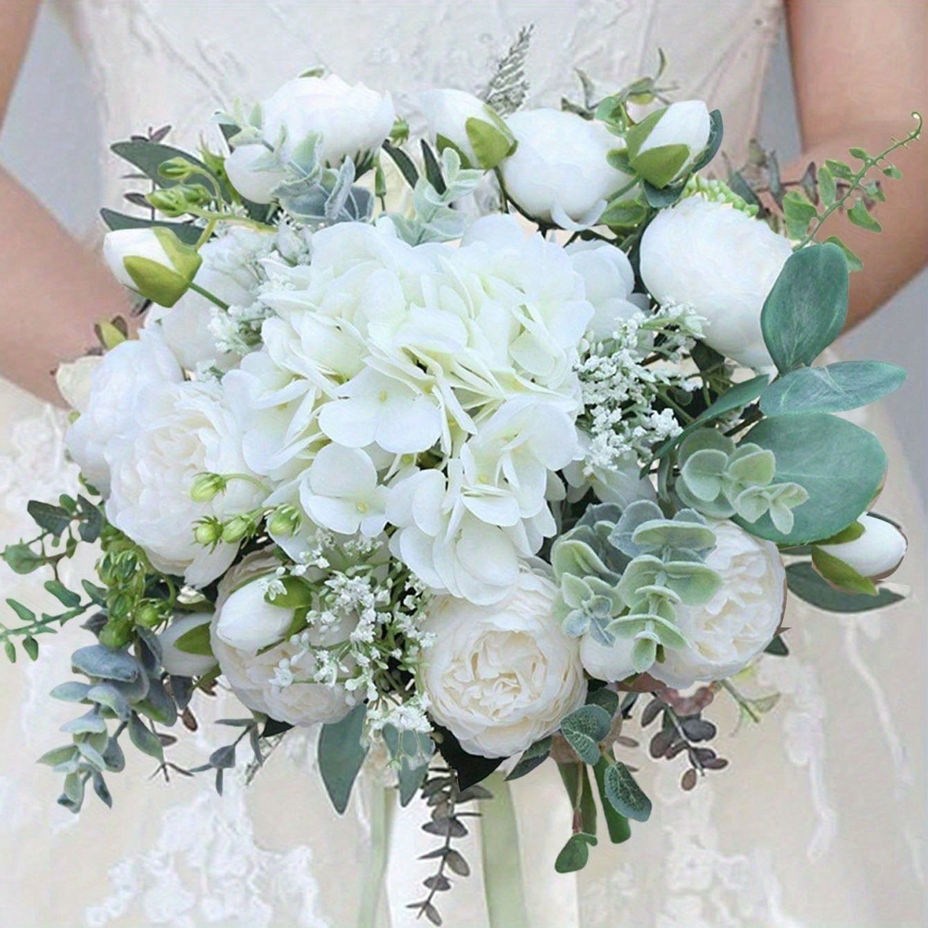Handmade Artificial Wedding Bouquet With White Roses - Realistic Bride' Bouquet For Weddings, Bridal Bouquets For Church, Prom, Quinceañera - Plastic Flowers, No Maintenance (11.8in)