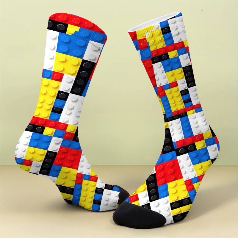 TEMU A Pair Of Printed Sockscolorful Brick Patterns Socks - Fun & Vibrant Leggings For Kidssoft, Comfortable, And Breathable, This Is A Novel, Cute,