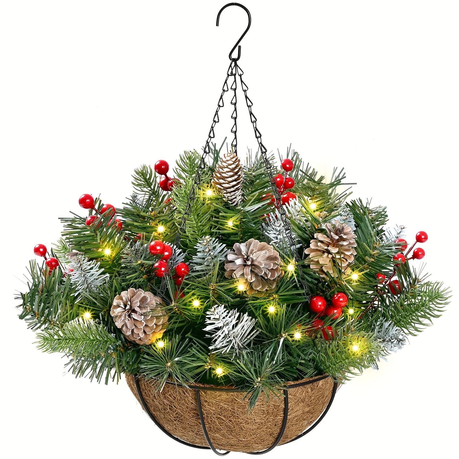 TEMU 1/2 Pack Artificial Christmas Hanging Basket With Uv Pine Cones& Berries, Self- Winter Display For Outdoor Garden And Porch Decor