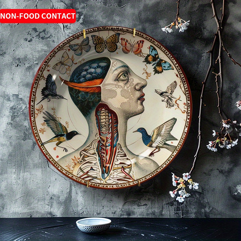 E-shop 1 Stück Vintage Kunst Keramik Dekorationsplatte Handbemalt Dame mit Wandtischdeko Wohnaccessoire Nicht für Lebensmittelkontakt – für Zuhause,