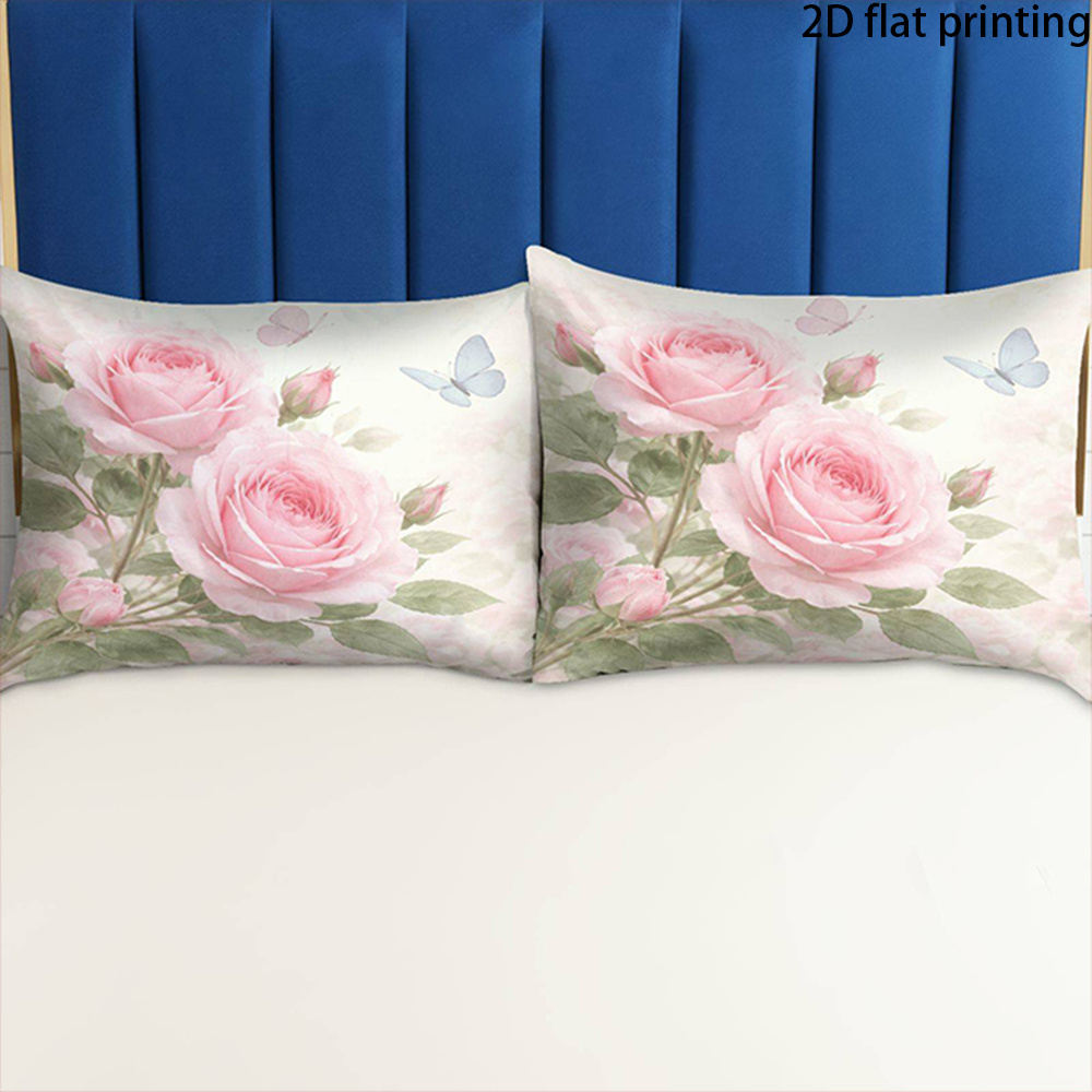 TEMU 2d Flat-2pcs Rose Pillowcases, Polyester Pillowcases With Zipper, Machine Washable, Skin-friendly Cushion Covers, Suitable For Beds, Sofas,
