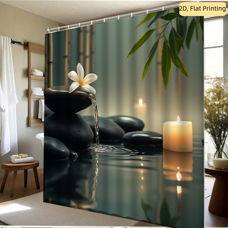 TEMU 2d Flat, 2d Flat, 1pc 2d Flat, Zen-themed Shower Curtain, Featuring Stone Arrangements And , Comes With Hooks
