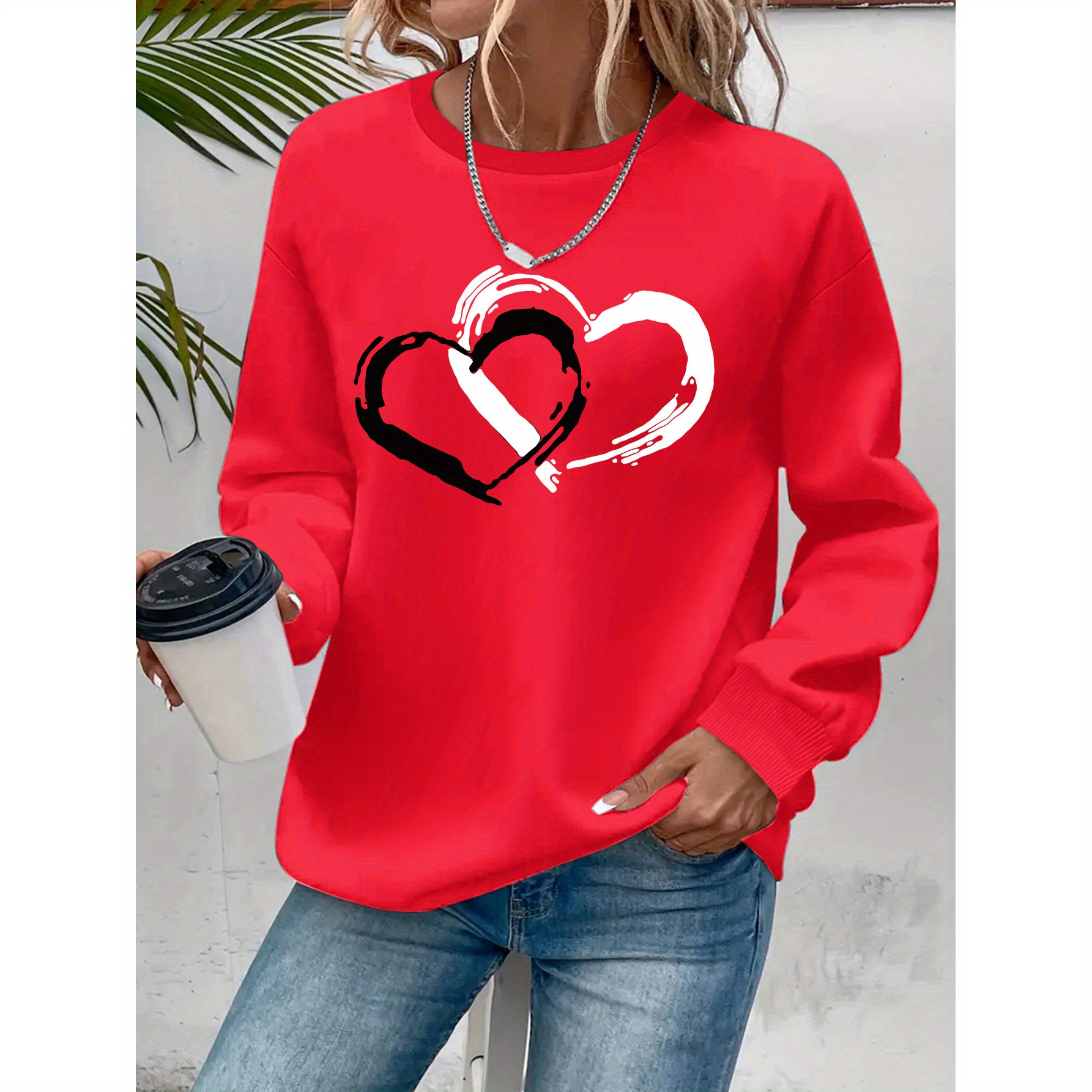 

Valentine's Day Theme Heart Pattern Printed Sweater, Crew Neck Casual Sweatshirt, Suitable For Autumn And Spring, Women's Clothing