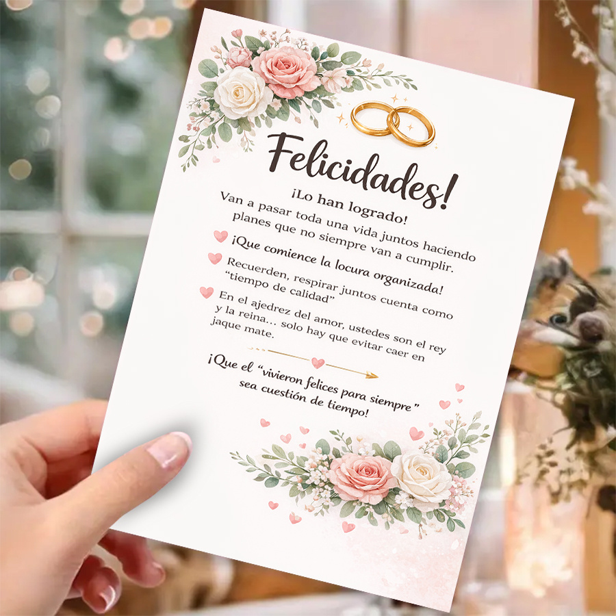 TEMU 1 Tarjeta de Felicitación + 1 Sobre. Tarjeta de Felicitación de Boda – Diseño Floral Elegante con Anillos Dorados y Humor Español Sincero para