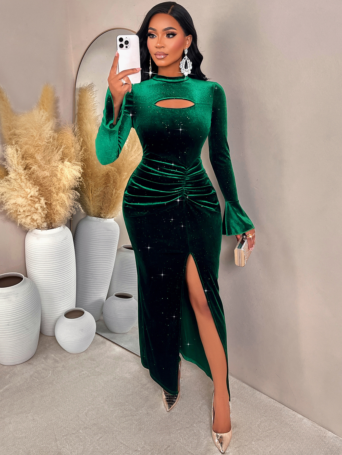 dark green velvet maxi dress evening hollow waist slit glitter Long sleeve Color:CAFE Deep V-neck dress Afternoon dress - American Hang Or Line Dry