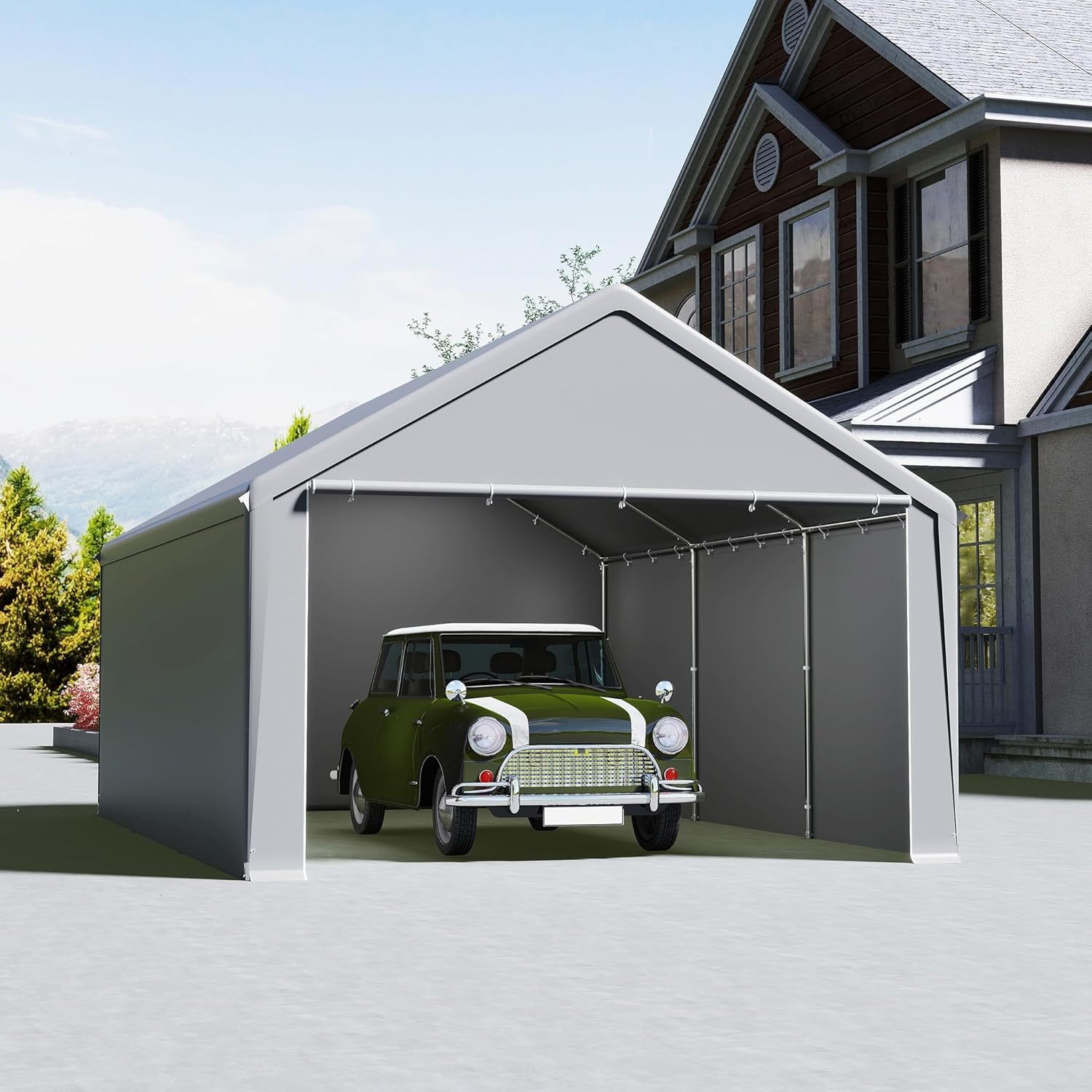 Tent Garage 3x4 M/ 3x6 M/ 4x6 M/ 4x8 M - -one Carport, Storage And Shelter Tent With Durable Pe Cover, Reinforced , Floor Support - Suitable For Car, Suv - Grey/white
