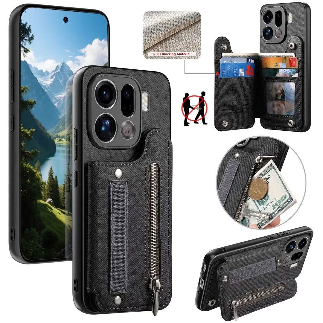 TEMU Phone Case: Suitable For Oppo Find X9 Pro Mobile Phone Case With Card Wrist Strap Lanyard Bracket Oppo Find X9 Card Flip Coin Purse Case Holder.