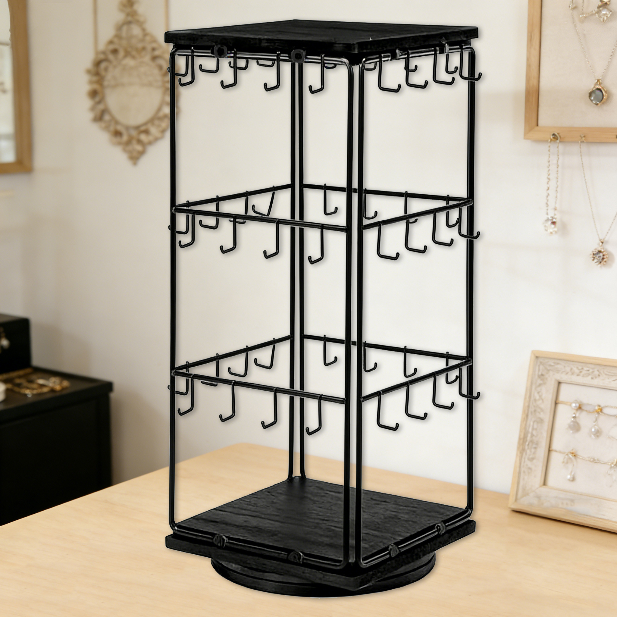 TEMU 3-tiers 48 Holes Earring Display Holder 360 Degree Rotatable Earring Selling Stand Jewelry Storage Organizer Wood Base Stand Ideal For Jewelry