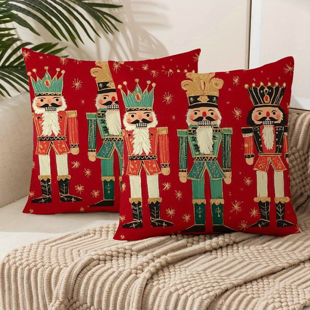 

2pcs Set Nutcracker Pillow Covers - Double-sided, Short Plush Polyester, Zip Closure - Christmas Decor