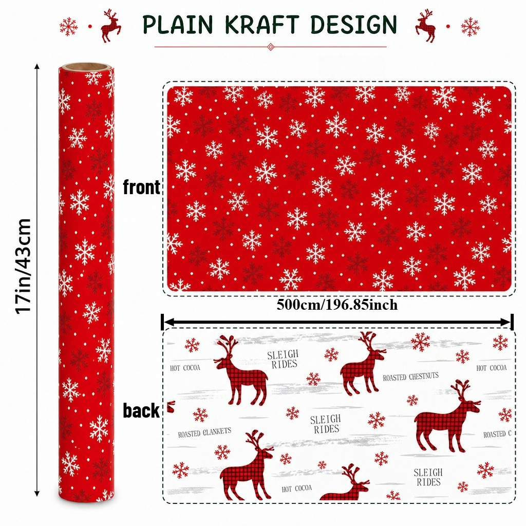 TEMU Rouleau d'emballage cadeau de Noël imprimé double face, avec de de neige et de carreaux de , papier d'emballage imprimé double face, idéal pour