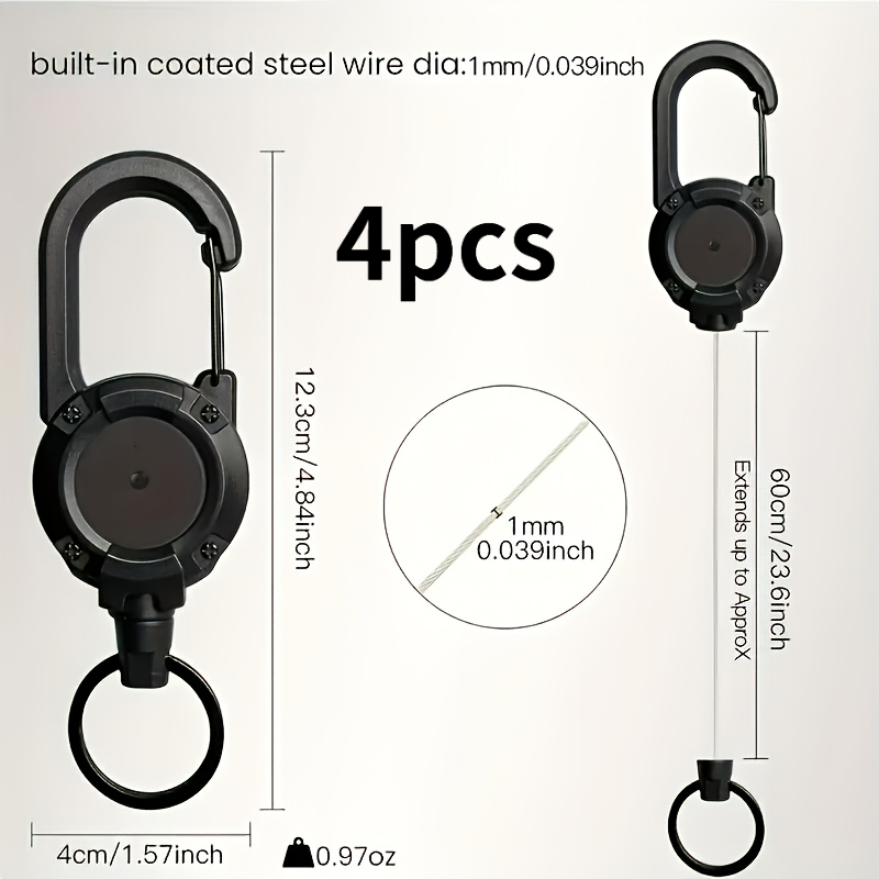 TEMU Portachiavi retrattile a cavo d'acciaio da 4 pezzi - Materiale ABS resistente, design a sgancio per