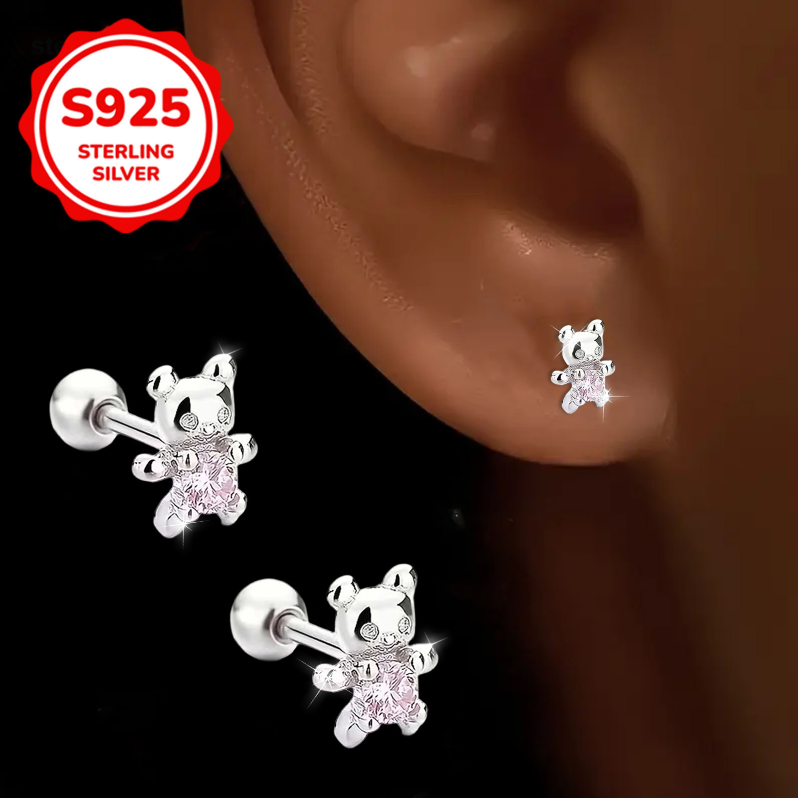 S925 Silvery Bear Stud Earrings with Synthetic Zirconia