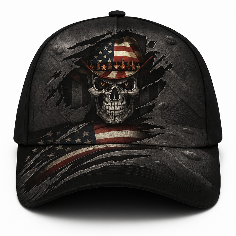 TEMU Officially Licensed American Flag Punk - Distressed Rip Design With Patriotic Skull & Flag On Black Unisex Hat For & (casual Wear Accessory)