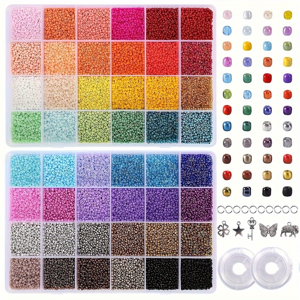 TEMU [Kit de perles 48 couleurs] Kit de perles de rocailles en verre de 2 mm, 48 couleurs, fournitures de perles | Kit de fabrication de bracelets