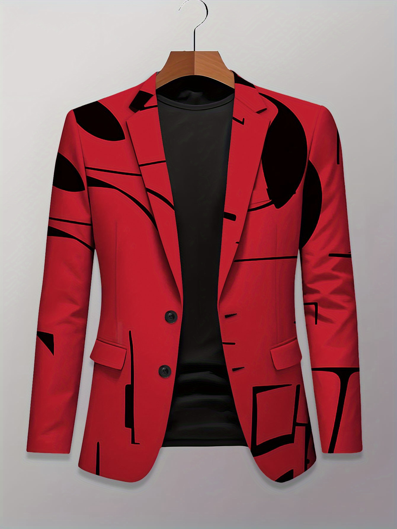Fashion Men's Suit Jacket, Casual Comfortable Versatile Slim-Fit Boys' Suit Top, Street Trend Fashion, Digital Print Contrast Color Two-Button Business Professional Formal Coat, Red and Black Color Scheme with Abstract Style Geometric Elements