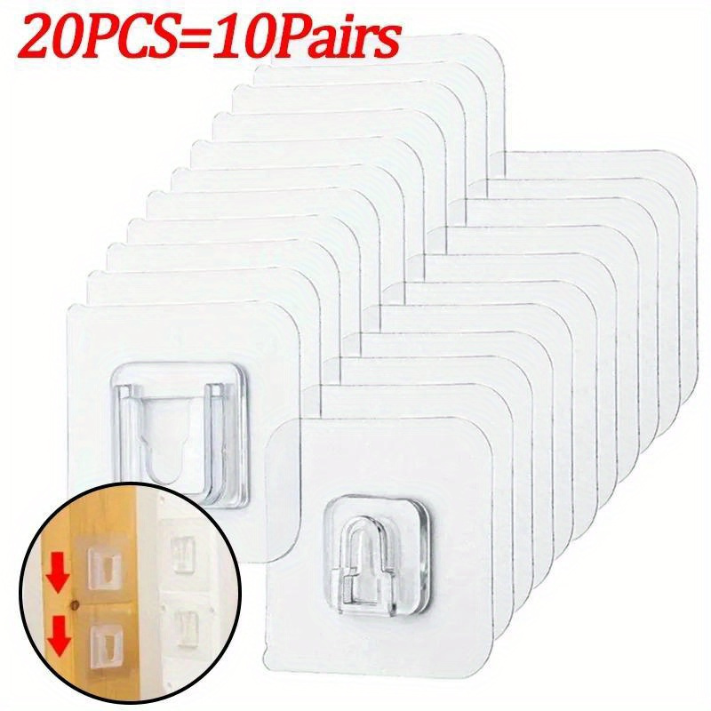 20-pcs 10-pcs Male Hooks + 10-pcs Female Hooks Strong Adhesive Wall Hooks - Transparent, Easy-to-install Suction Cup Hooks, Suitable For Kitchen And Bathroom Storage