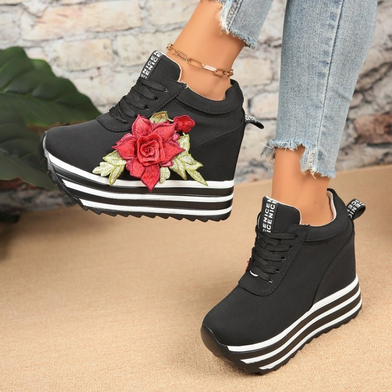 TEMU Women's Low-top Lace-up Platform Sneakers With Rose Embroidery - Thick Sole Suitable For Daily Commuting, Round Toe Closed Toe Shoes, Cushioned