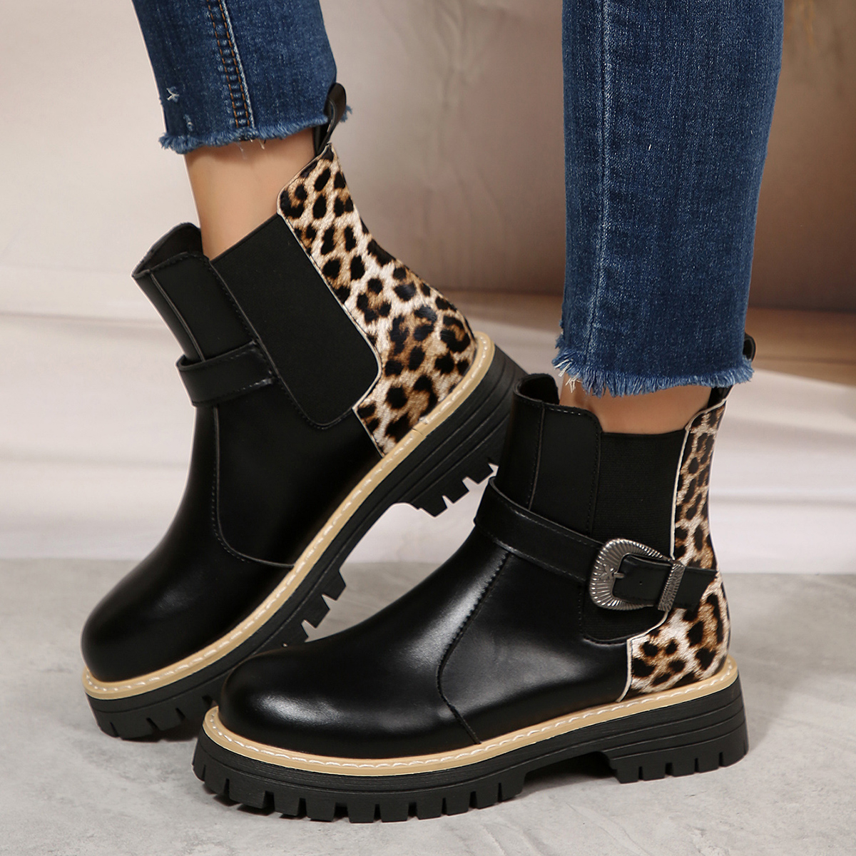 TEMU Women's Autumn Winter New Leopard Color-block Elastic Retro Thick Sole Chunky Heel Short Boots Fashionable All-match Retro Casual Slip-on Short
