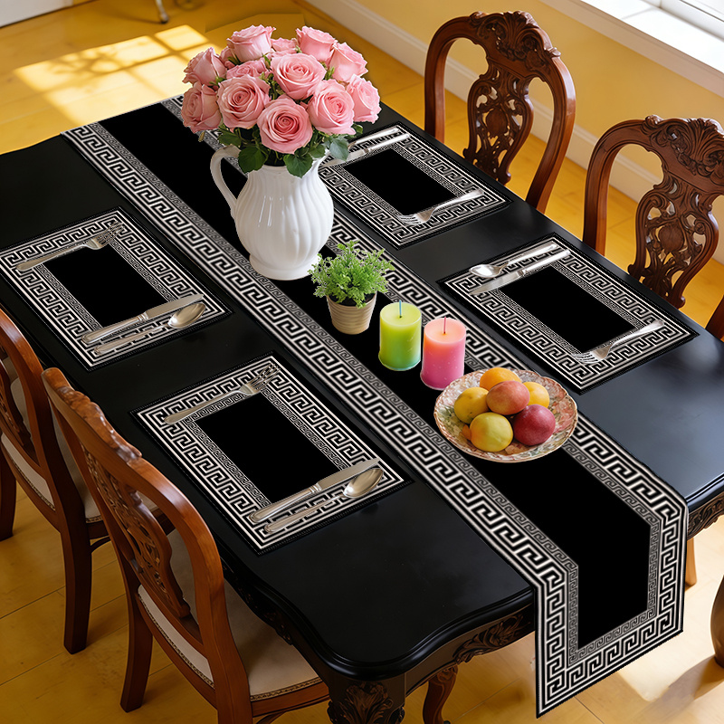 TEMU Lot de 5 ou 7 sets de table géométriques noirs classiques avec bordure à motif de frise grecque, sets de table en , ensemble de décoration de
