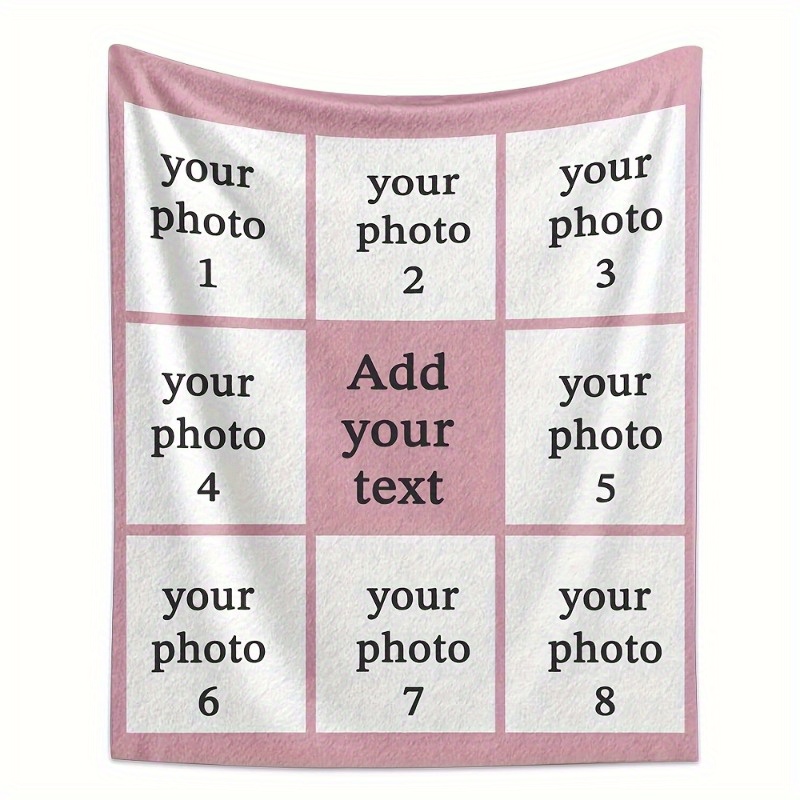 TEMU Custom 1pc "custom Photo Blanket, Nine-grid Images With Text, Personalized Fleece Throw, High-definition Digital Printing, Quilted, Machine