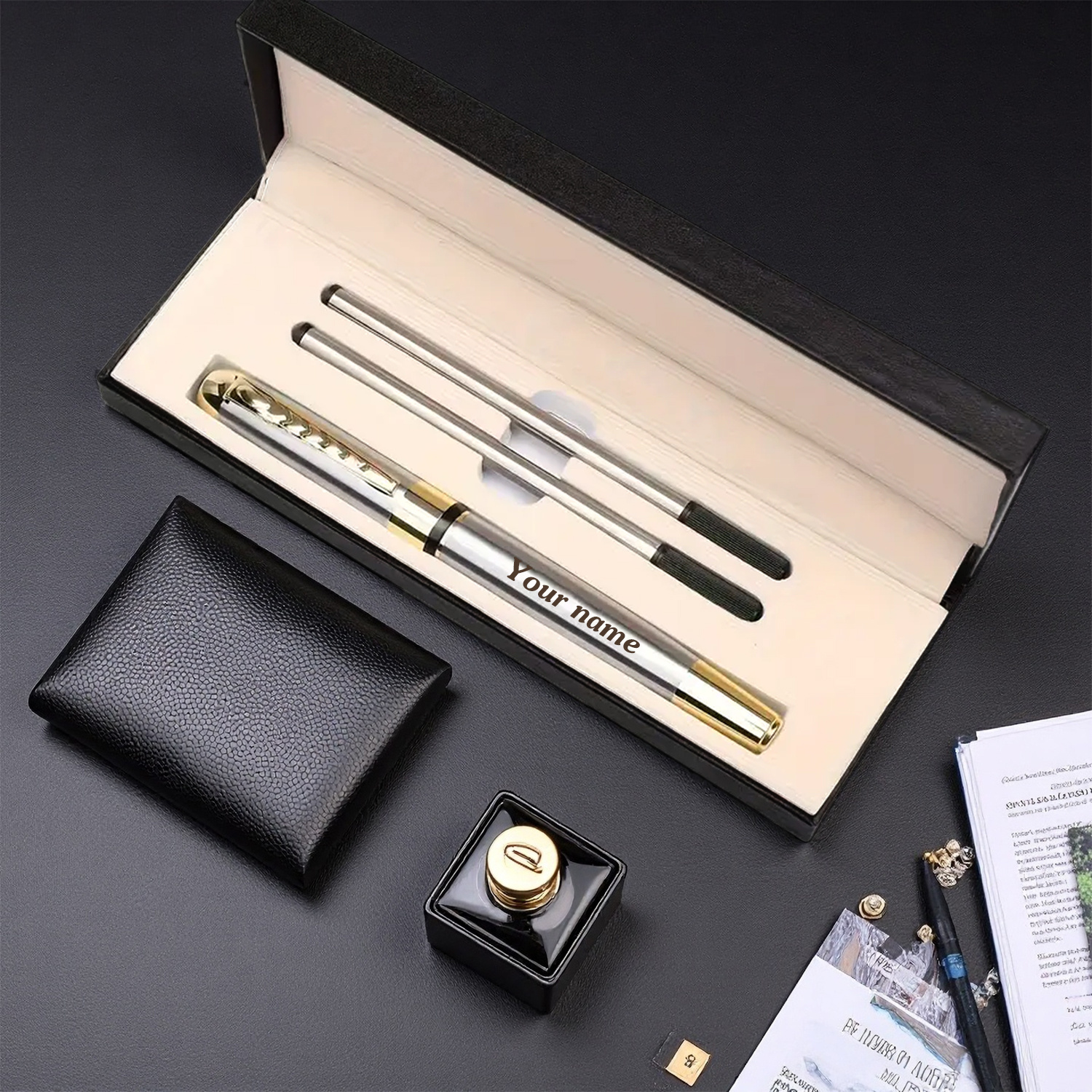 1 Set Custom Engraved Signature Pen Gift Box | Premium Metal Ballpoint Pen With 2 Refills Birthday Graduation & Commemorative Business Pen | Father's Day Gift
