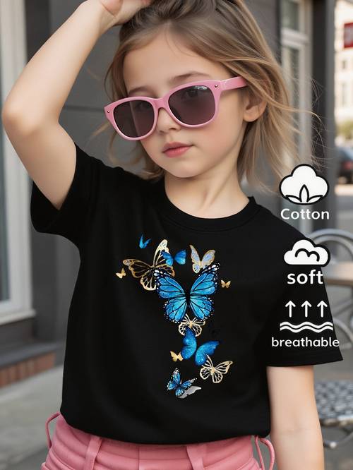 item picture blue butterflies fluttering pattern girls 100 cotton t shirt soft comfortable everyday top suitable for home outdoor and sports activities comfortable and breathable