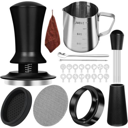 25pcs commercial professional espresso tamper kit with spring loaded calibrated tamper 51mm puck screen dosing funnel suitable for coffee bars cafes brewing heavy duty metal latte art tool and wdt accessory