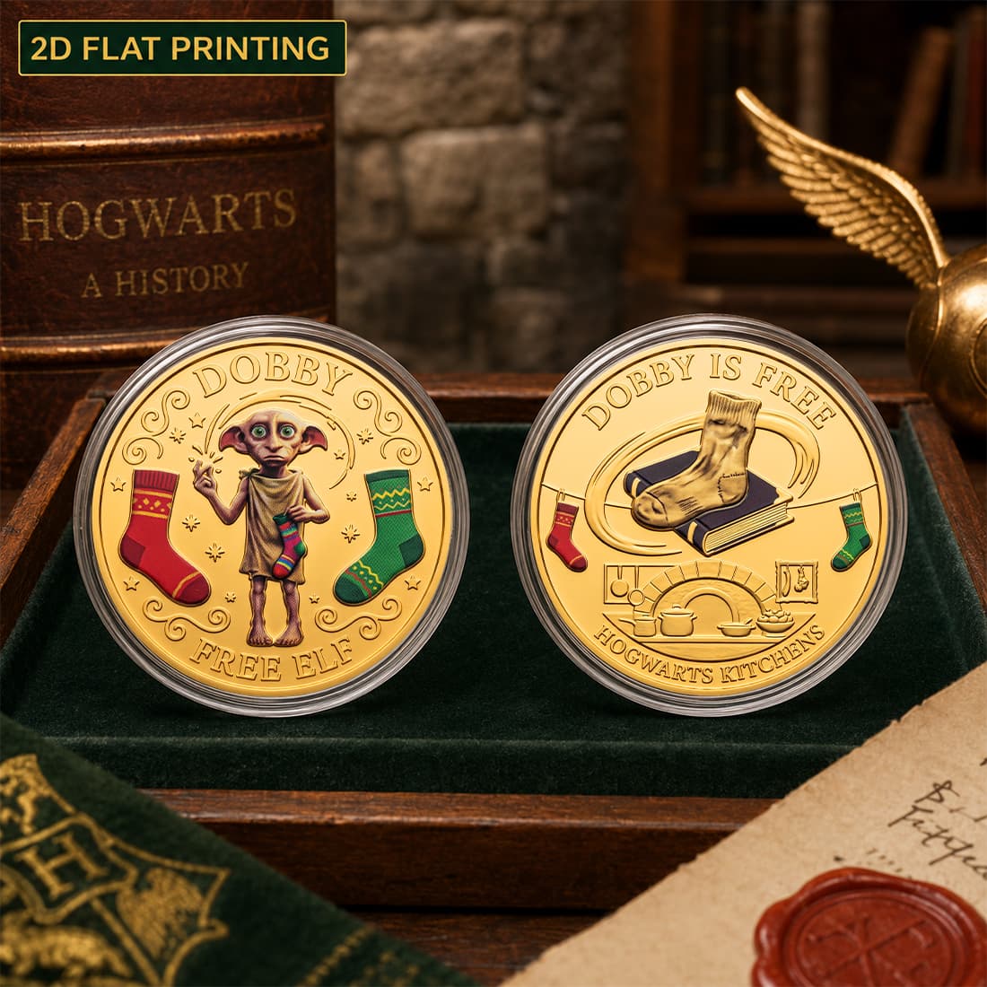 TEMU 1pc, Harry Potter Dobby Christmas Free Elf Sock Commemorative Coin, (4'x4'), Replica Coin, House Elf, Hogwarts Kitchen, Dobby Sock, Movie