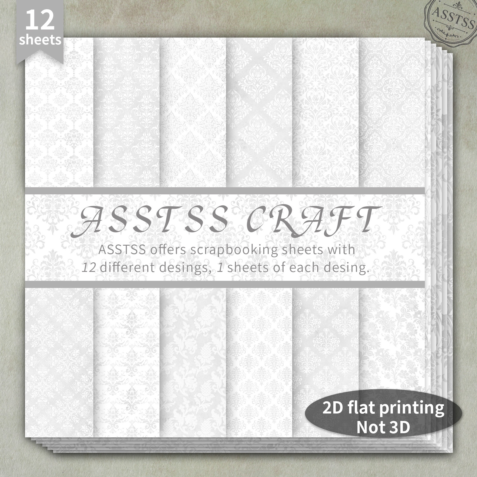 TEMU 12-sheet Asstss 6*6inch Scrapbooking Paper Pad, Plane/2d Flat White Gray European Damask Vintage Pattern Style Backing Paper Supplies,