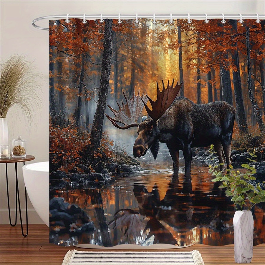 TEMU 1 Rideau de Douche Forêt Automnale avec Élan Majestueux et Grandes Bois - Tissu Polyester Durable, Lavable en Machine, 70x70 Pouces, Décor Salle